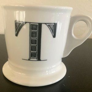 Anthropologie MONOGRAM -T Mug 14oz Shaving Style Ivory Black Letter Initial GIFT
